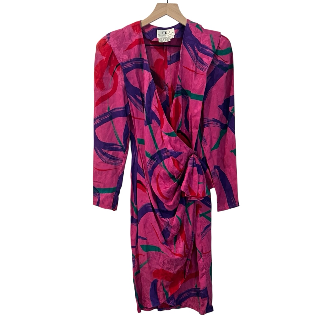 Flora Kung Vintage Silk Jacquard Floral Print Faux Wrap V Neck Midi Dress